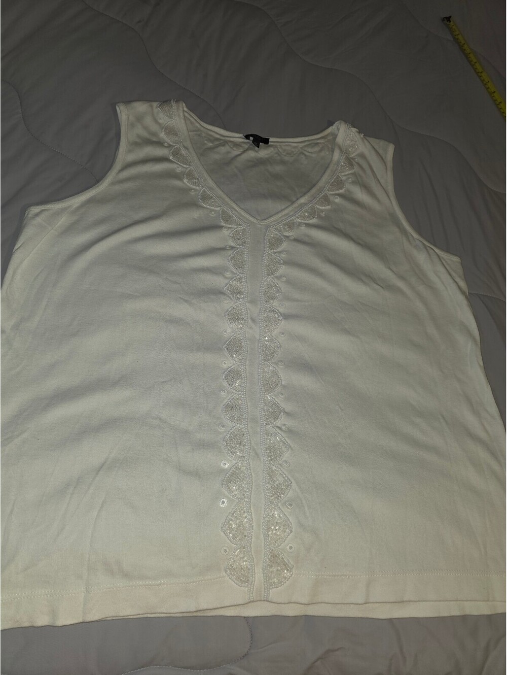 Talbots Women's Plus 2X White Solid Cotton Woven V-Neck Tank - Beaded Design